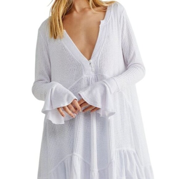 Free People XS Olivia Flare-Sleeve Waffle-Knit Tunic Top Boho - Picture 2 of 16